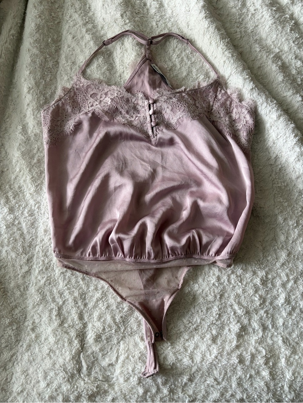 Abercrombie & Fitch Dusty Lavender Lace-Trim Satin Bodysuit